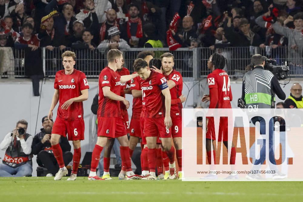 Goal celebration SC Freiburg at 5 1 by Maximilian Eggestein SC Freiburg, 08 , Germany, Football, UEFA Europa League, Round of 16, 2025 2026, SC Freiburg vs KRC Genk, 19 03 2026, Freiburg im Breisgau Europa Park Stadion Germany
