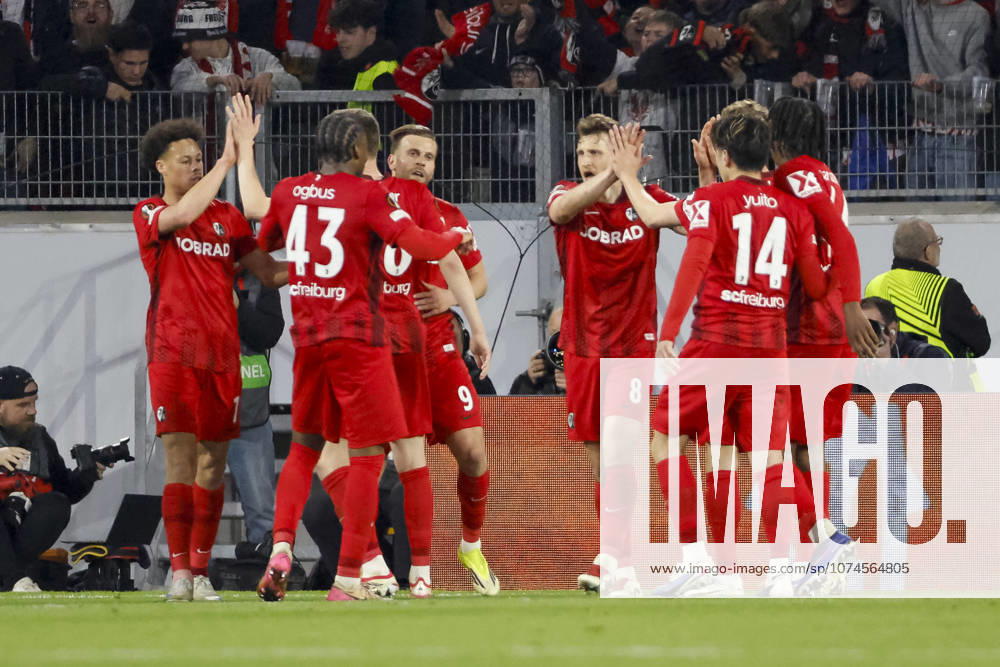 Goal celebration SC Freiburg at 5 1 by Maximilian Eggestein SC Freiburg, 08 , Germany, Football, UEFA Europa League, Round of 16, 2025 2026, SC Freiburg vs KRC Genk, 19 03 2026, Freiburg im Breisgau Europa Park Stadion Germany