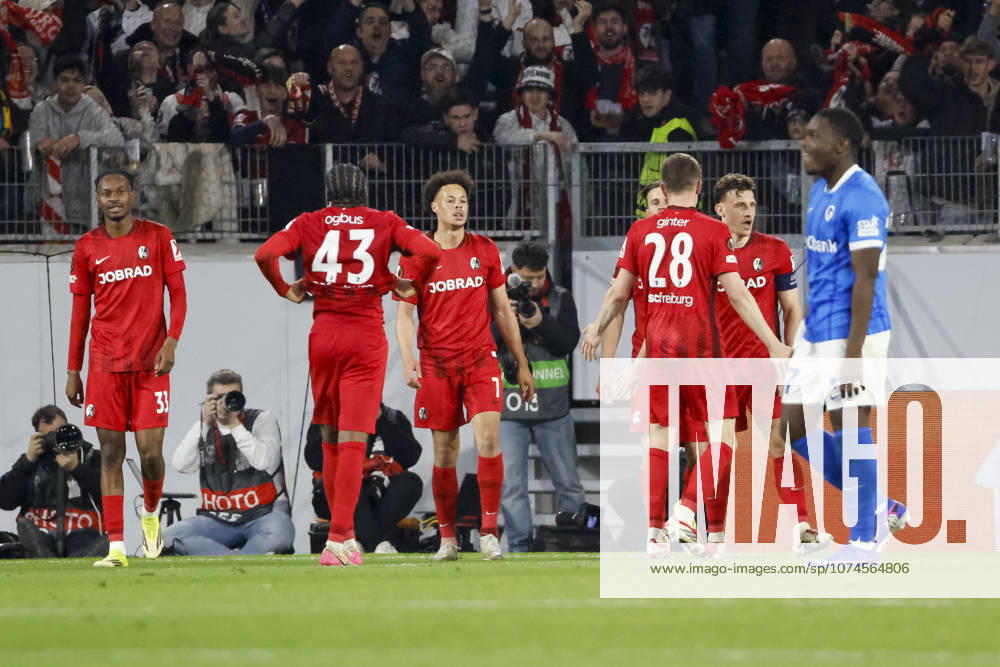 Goal celebration SC Freiburg at 5 1 by Maximilian Eggestein SC Freiburg, 08 , Germany, Football, UEFA Europa League, Round of 16, 2025 2026, SC Freiburg vs KRC Genk, 19 03 2026, Freiburg im Breisgau Europa Park Stadion Germany