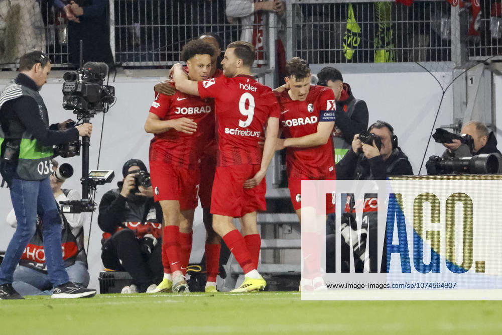 Goal celebration SC Freiburg at 5 1 by Maximilian Eggestein SC Freiburg, 08 , Germany, Football, UEFA Europa League, Round of 16, 2025 2026, SC Freiburg vs KRC Genk, 19 03 2026, Freiburg im Breisgau Europa Park Stadion Germany