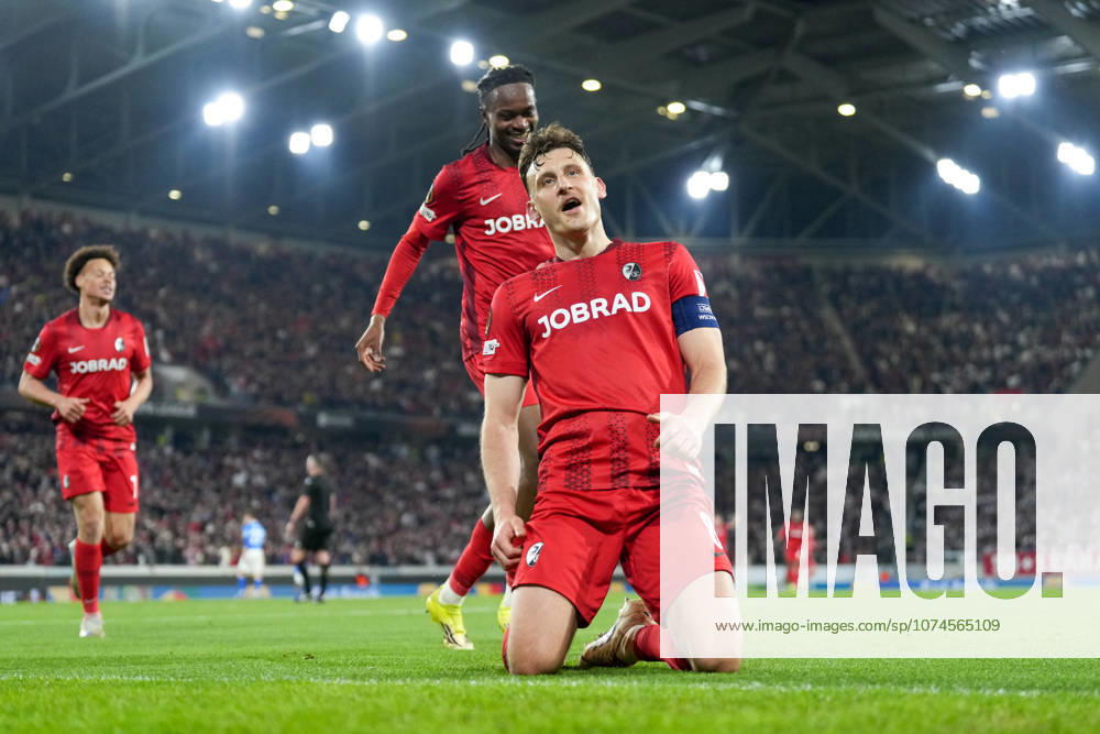 Maximilian Eggestein SC Freiburg, 08 goal celebration, emotions, goal shot, finish, goal success, goal, goal , Germany, football, UEFA Europa League, round of 16, second leg, 2025 2026, SC Freiburg vs KRC Genk, 19 03 2026, Europa Park Stadion, Freiburg, Germany Freiburg Europa Park Stadion Baden Württemberg Germany