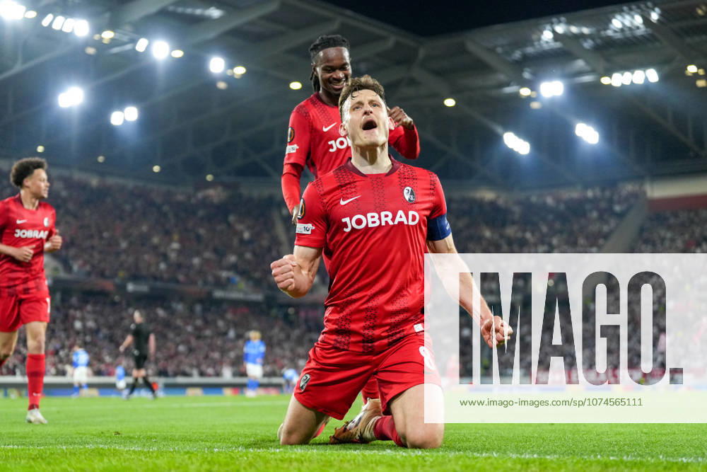 Maximilian Eggestein SC Freiburg, 08 , goal celebration, emotions, shot on goal, finish, goal success, goal, goal , Germany, football, UEFA Europa League, round of 16, second leg, 2025 2026, SC Freiburg vs KRC Genk, 19 03 2026, Europa Park Stadion, Freiburg, Germany Freiburg Europa Park Stadion Baden Württemberg Germany