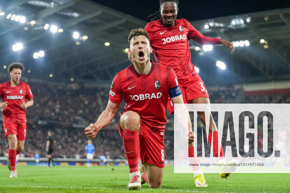 Maximilian Eggestein SC Freiburg, 08 goal celebration, emotions, goal shot, finish, goal success, goal, goal , Germany, football, UEFA Europa League, round of 16, second leg, 2025 2026, SC Freiburg vs KRC Genk, 19 03 2026, Europa Park Stadion, Freiburg, Germany Freiburg Europa Park Stadion Baden Württemberg Germany