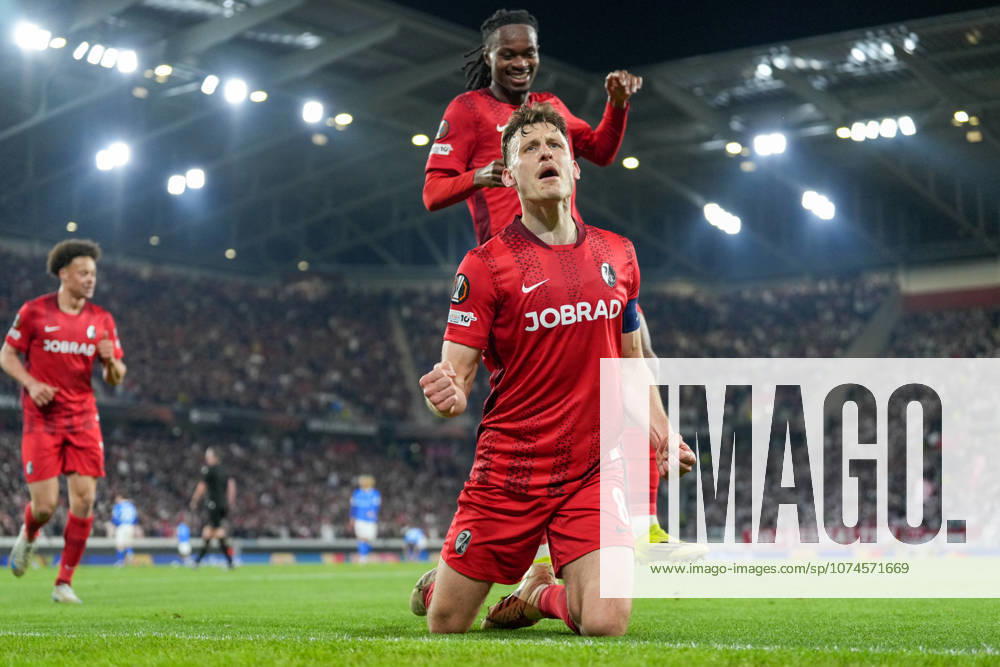 Maximilian Eggestein SC Freiburg, 08 goal celebration, emotions, goal shot, finish, goal success, goal, goal , Germany, football, UEFA Europa League, round of 16, second leg, 2025 2026, SC Freiburg vs KRC Genk, 19 03 2026, Europa Park Stadion, Freiburg, Germany Freiburg Europa Park Stadion Baden Württemberg Germany