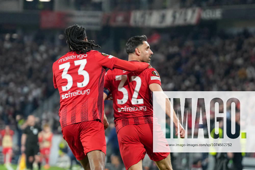 Jordy Makengo SC Freiburg, 33 , Vincenzo Grifo SC Freiburg, 32 goal celebration, emotions, goal shot, finish, goal success, goal, goal, record goalscorer, record, 106 competitive goals for Sport Club, Nils Petersen surpassed, anniversary , Germany, football, UEFA Europa League, round of 16, second leg, 2025 2026, SC Freiburg vs KRC Genk, 19 03 2026, Europa Park Stadion, Freiburg, Germany Freiburg Europa Park Stadion Baden Württemberg Germany