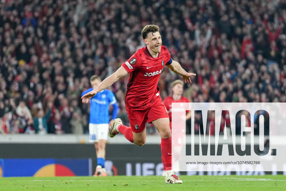 Maximilian Eggestein SC Freiburg, 08 goal celebration, emotions, goal shot, finish, goal success, goal, goal , Germany, football, UEFA Europa League, round of 16, second leg, 2025 2026, SC Freiburg vs KRC Genk, 19 03 2026, Europa Park Stadion, Freiburg, Germany Freiburg Europa Park Stadion Baden Württemberg Germany