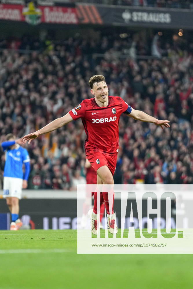 Maximilian Eggestein SC Freiburg, 08 goal celebration, emotions, goal shot, finish, goal success, goal, goal , Germany, football, UEFA Europa League, round of 16, second leg, 2025 2026, SC Freiburg vs KRC Genk, 19 03 2026, Europa Park Stadion, Freiburg, Germany Freiburg Europa Park Stadion Baden Württemberg Germany