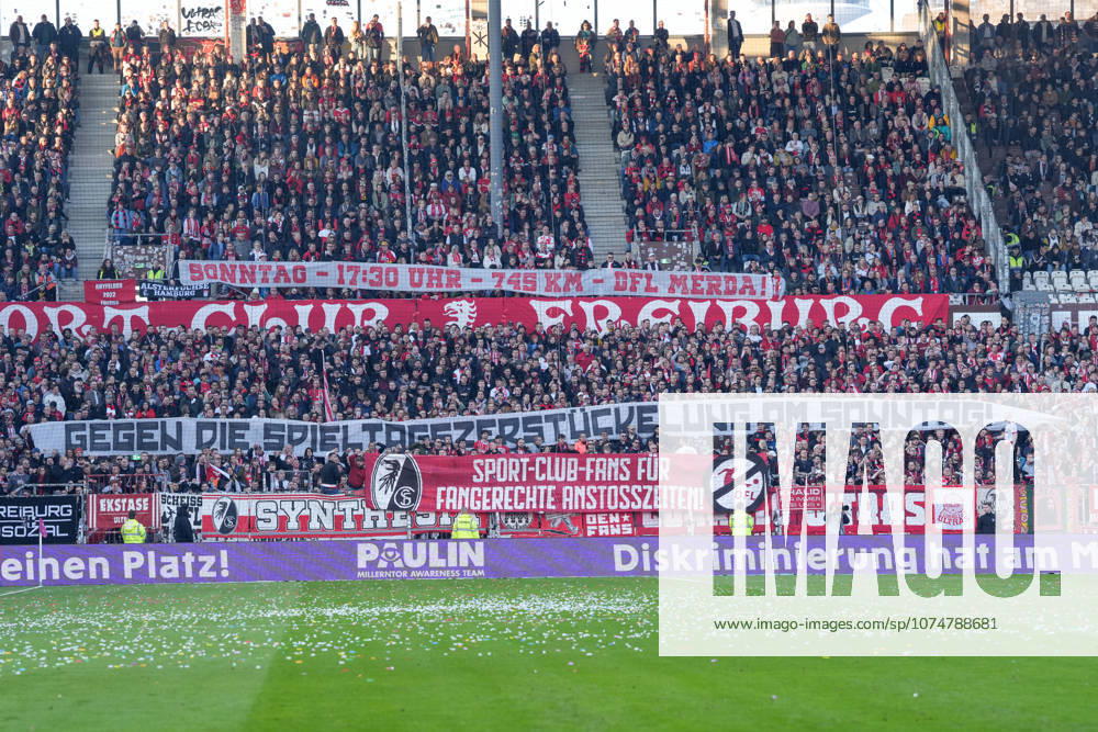 Banner of the fans and Ultras in the stands, Banner, Against the DFL, Kick-off times , Germany, Football, 1 Bundesliga, 27 Matchday, 2025 2026, FC St Pauli vs SC Freiburg, 22 03 2026, Millerntor Stadion, Hamburg, Germany DFL REGULATIONS PROHIBIT ANY USE OF PHOTOGRAPHS AS IMAGE SEQUENCES AND OR QUASI VIDEO Hamburg Millerntor Stadion Hamburg Germany