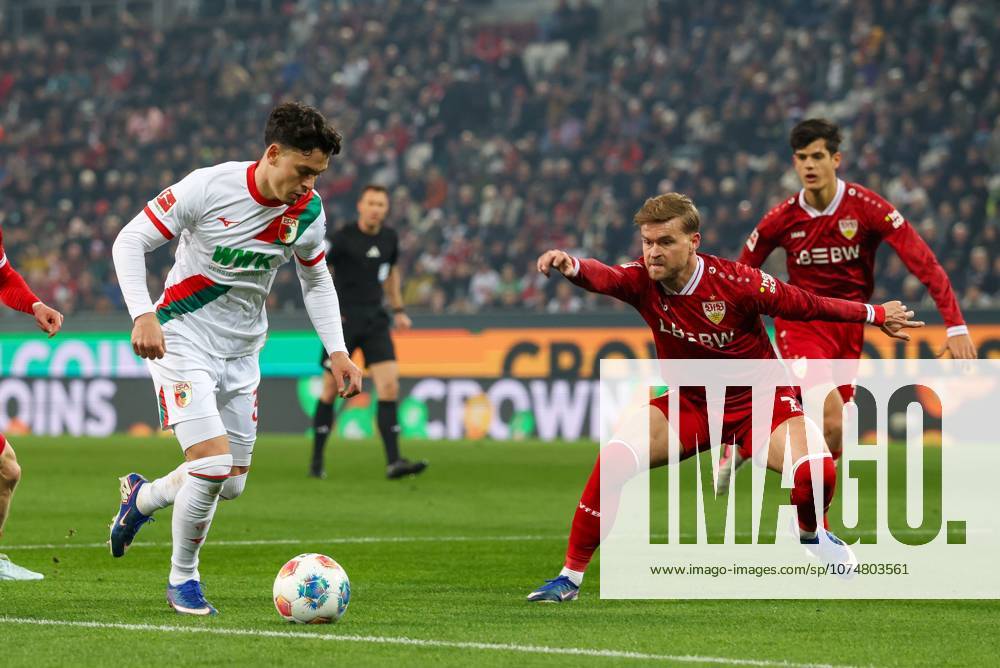 In duel, action, with Fabian Rieder 32 FC Augsburg , Maximilian Mittelstaedt 7 VfB Stuttgart , FC Augsburg vs VfB Stuttgart, Soccer, 1 Bundesliga, 27 Matchday, 22 03 2026 DFB regulations prohibit any use of photographs as image sequences and or quasi video Augsburg Bayern Germany