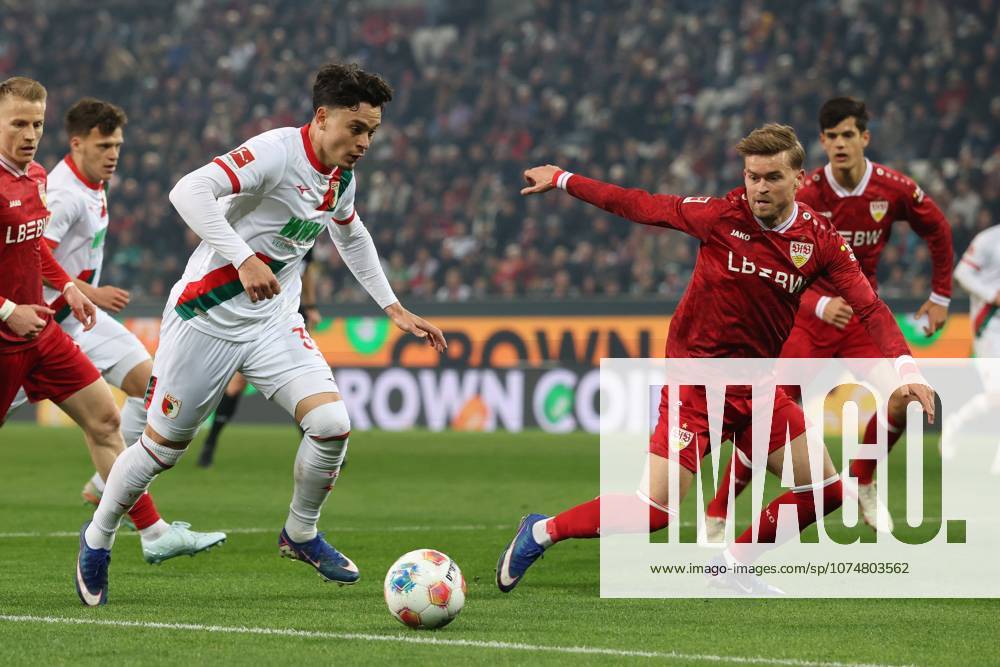 In duel, action, with Fabian Rieder 32 FC Augsburg , Maximilian Mittelstaedt 7 VfB Stuttgart , FC Augsburg vs VfB Stuttgart, Soccer, 1 Bundesliga, 27 Matchday, 22 03 2026 DFB regulations prohibit any use of photographs as image sequences and or quasi video Augsburg Bayern Germany