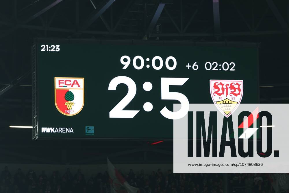 Final score on the scoreboard, 2 5, FC Augsburg vs VfB Stuttgart, Football, 1 Bundesliga, 27 Matchday, 22 03 2026 DFB regulations prohibit any use of photographs as image sequences and or quasi video Augsburg Bayern Germany