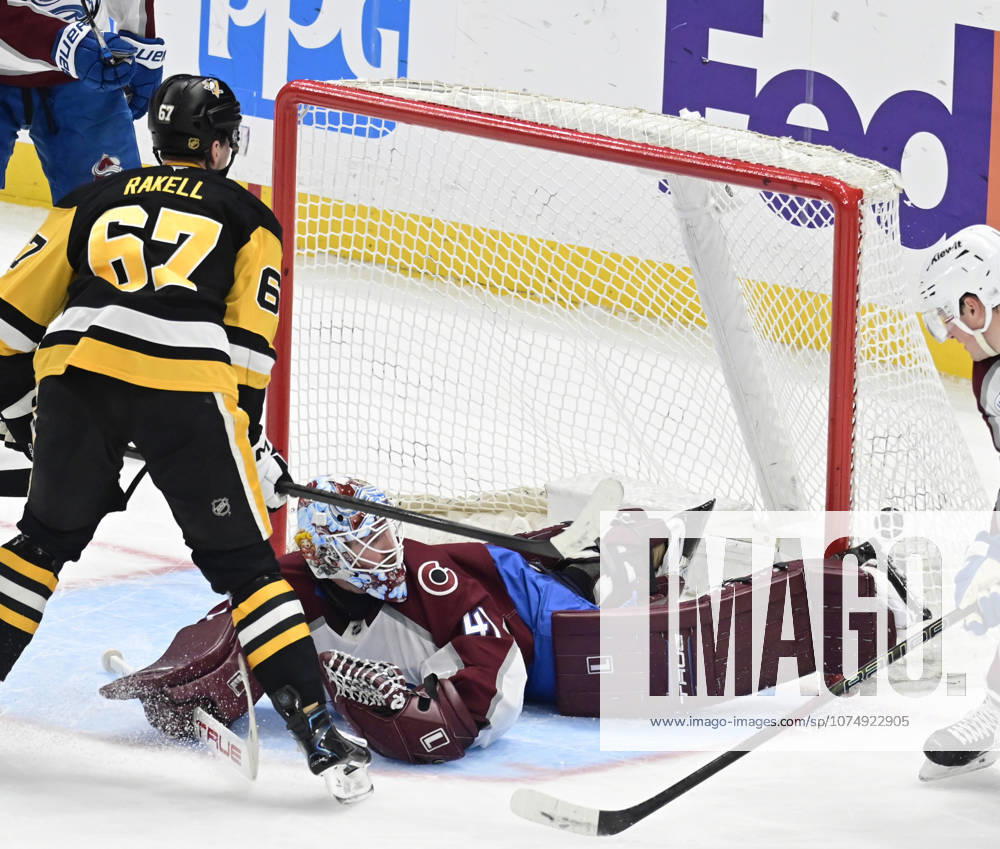 Pittsburgh Penguins right wing Rickard Rakell (67) scores on Colorado Avalanche goaltender Scott Wedgewood (41) in the third period of the Pittsburgh Penguins 6-2 lost at PPG Paints Arena in Pittsburgh on Tuesday, March 24, 2026. PIT2026032421 ARCHIExCARPENTER