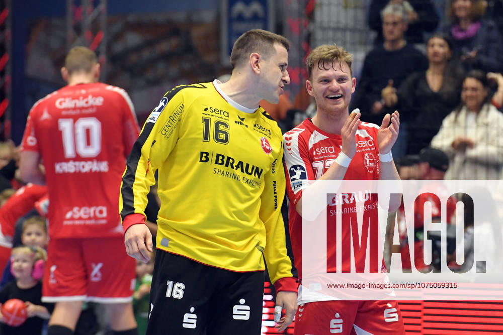 Cheering, joy after the victory Nebojsa Simic Goalkeeper MT Melsungen 16 and Timo Kastening MT Melsungen 73 R , GER, MT Melsungen THW Kiel, Handball, 1 Bundesliga, Matchday 26, Season 2025 2026, 27 03 2026, GER, MT Melsungen THW Kiel, Handball, 1 Bundesliga, Matchday 26, Season 2025 2026, 27 03 2026 Kassel