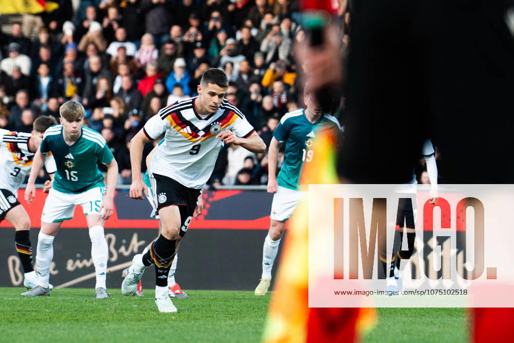 Germany U21 EM Qualification 2025 2026, Germany U21 vs Northern Ireland U21, Friday 27 03 2026, Eintracht Stadion Braunschweig Goal to 1 0 by Nicolo Tresoldi Penalty kick