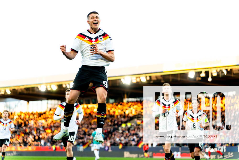 Germany U21 European Championship Qualification 2025 2026, Germany U21 vs Northern Ireland U21, Friday 27 03 2026, Eintracht Stadion Braunschweig Goal for 1 0 by Nicolo Tresoldi Penalty kick Cheers Joy Emotions Goal celebration DFB U21 national team