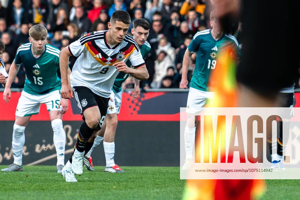 Germany U21 EM Qualification 2025 2026, Germany U21 vs Northern Ireland U21, Friday 27 03 2026, Eintracht Stadion Braunschweig DFB U21 Nationalmannschaft Goal to 1 0 by Nicolò Tresoldi penalty kick