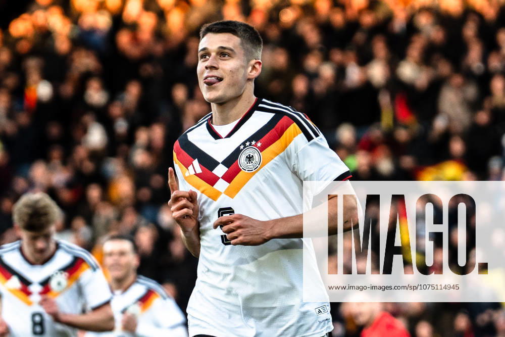 Germany U21 EM Qualification 2025 2026, Germany U21 vs Northern Ireland U21, Friday 27 03 2026, Eintracht Stadion Braunschweig DFB U21 Nationalmannschaft Goal to 1 0 by Nicolò Tresoldi Penalty kick Cheers Joy Emotions Goal celebration
