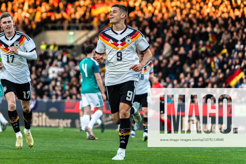 Germany U21 EM Qualification 2025 2026, Germany U21 vs Northern Ireland U21, Friday 27 03 2026, Eintracht Stadion Braunschweig DFB U21 Nationalmannschaft Goal to 1 0 by Nicolò Tresoldi Penalty kick Cheers Joy Emotions Goal celebration
