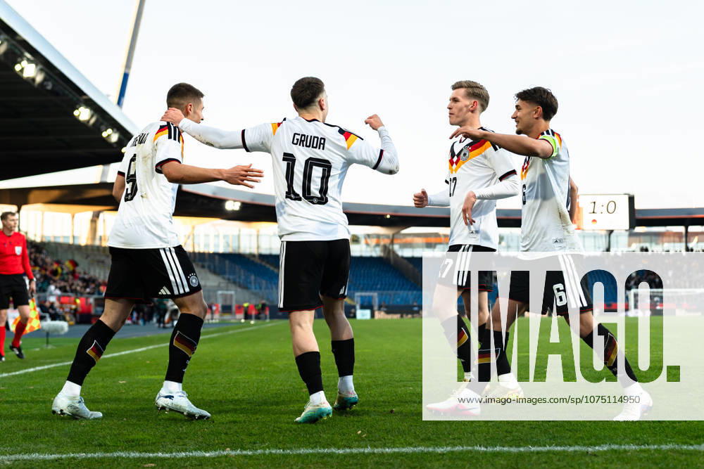 Germany U21 European Championship Qualification 2025 2026, Germany U21 vs Northern Ireland U21, Friday 27 03 2026, Eintracht Stadion Braunschweig DFB U21 Nationalmannschaft Goal for 1 0 by NicolÃ² Tresoldi Penalty kick Cheers Joy Emotions Goal celebration Brajan Gruda Anton Kade Tom Bischof