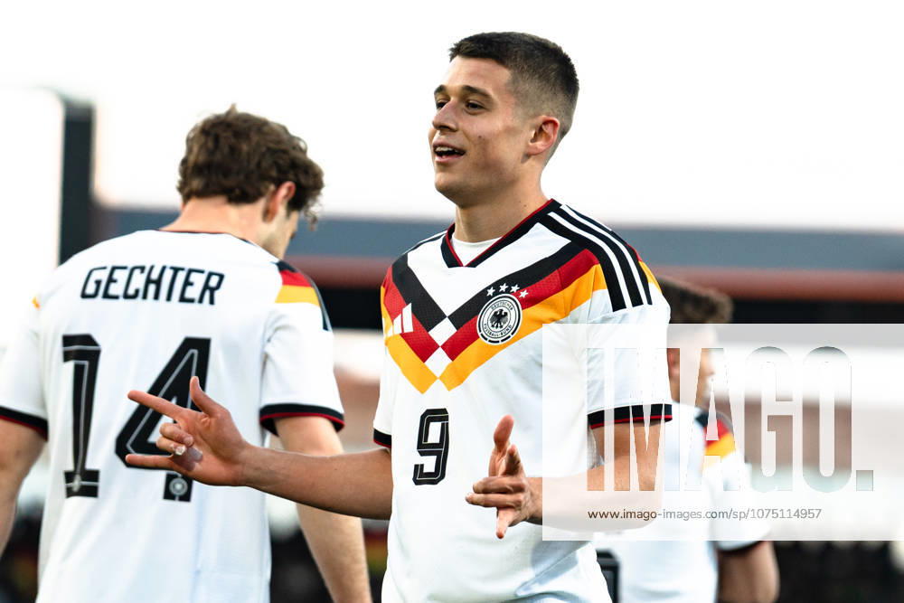 Germany U21 EM Qualification 2025 2026, Germany U21 vs Northern Ireland U21, Friday 27 03 2026, Eintracht Stadion Braunschweig DFB U21 Nationalmannschaft Goal to 1 0 by NicolÃ² Tresoldi Penalty kick Cheers Joy Emotions Goal celebration