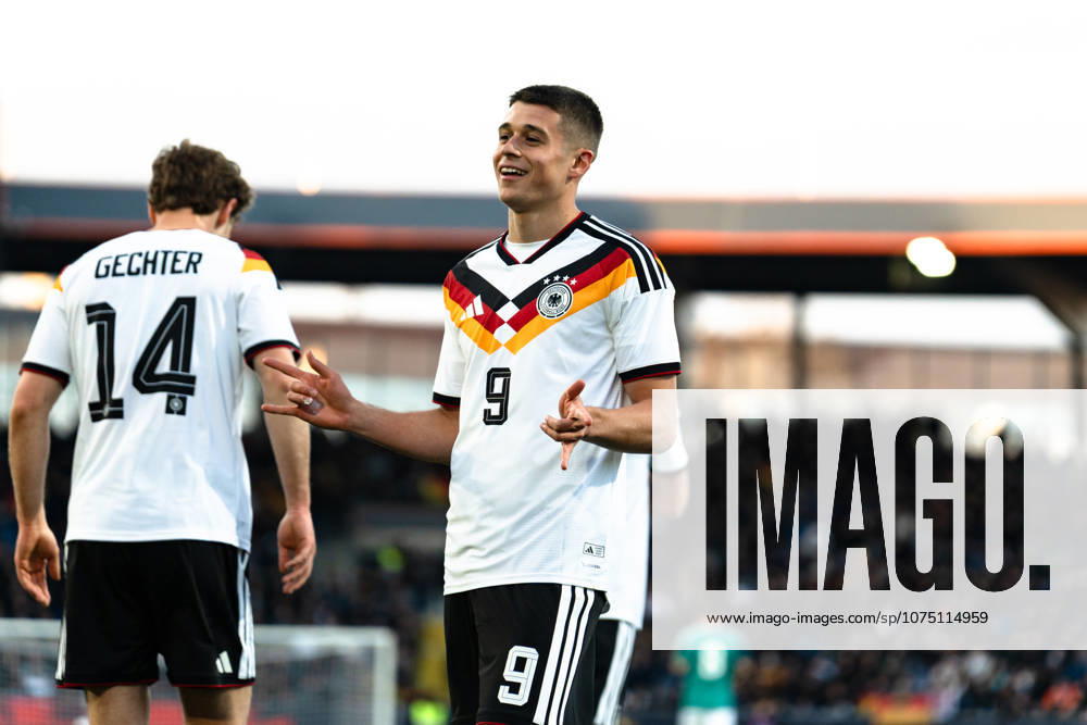Germany U21 EM Qualification 2025 2026, Germany U21 vs Northern Ireland U21, Friday 27 03 2026, Eintracht Stadion Braunschweig DFB U21 Nationalmannschaft Goal to 1 0 by NicolÃ² Tresoldi Penalty kick Cheers Joy Emotions Goal celebration