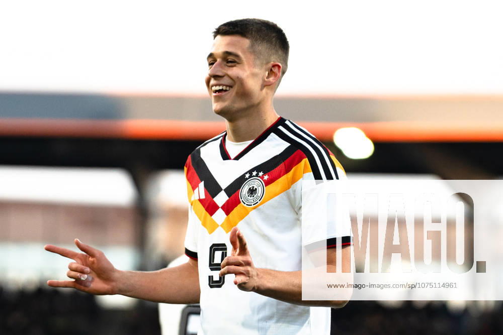 Germany U21 EM Qualification 2025 2026, Germany U21 vs Northern Ireland U21, Friday 27 03 2026, Eintracht Stadion Braunschweig DFB U21 Nationalmannschaft Goal to 1 0 by Nicolò Tresoldi Penalty kick Cheers Joy Emotions Goal celebration