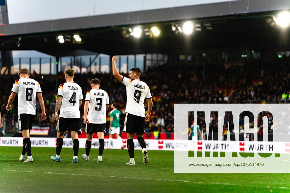 Germany U21 EM Qualification 2025 2026, Germany U21 vs Northern Ireland U21, Friday 27 03 2026, Eintracht Stadion Braunschweig DFB U21 Nationalmannschaft Goal to 2 0 by NicolÃ² Tresoldi Cheers Joy Emotions Goal celebration Aljoscha Kemlein Finn Jeltsch Lukas Ullrich