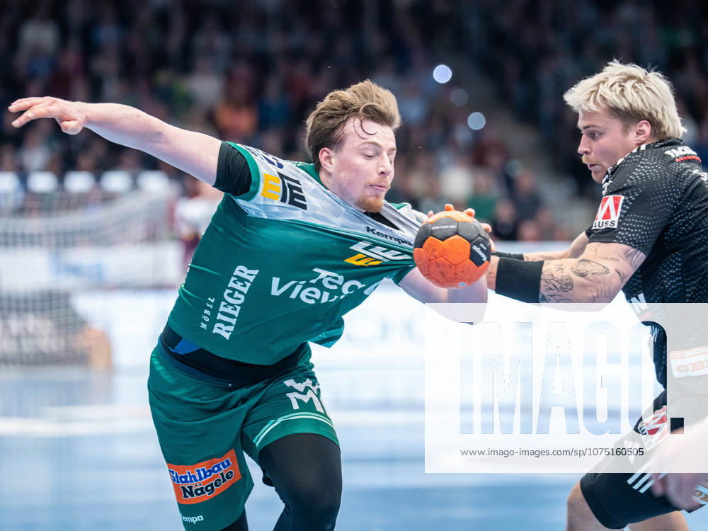 Erik Persson Frisch Auf Goeppingen, 22 in duel with Marek Nissen HC Erlangen, 06 , Frisch Auf Goeppingen vs HC Erlangen, Handball, 1 Bundesliga, Men, Season 2025 2026, 29 03 2026, Frisch Auf Goeppingen vs HC Erlangen, Handball, 1 Bundesliga, Men, Season 2025 2026, 29 03 2026 Goeppingen