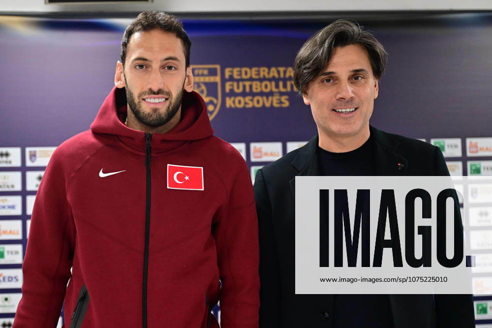 Turkiye hold press conference, PK, Pressekonferenz ahead of Kosovo clash PRISTINA, KOSOVO - MARCH 30: Turkiye head coach Vincenzo Montella (R) and team captain Hakan Calhanoglu (L) speak during a press conference at Fadil Vokrri Stadium ahead of the 2026 FIFA World Cup, WM, Weltmeisterschaft, Fussball European Qualifiers play-off final match against Kosovo, in Pristina, Kosovo, on March 30, 2026. Serhat Cagdas Anadolu Pristina Kosova. Editorial use only. Please get in touch for any other usage.
