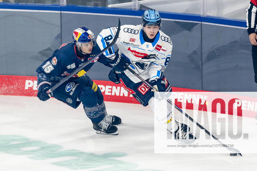Battle for the puck duel between Nikolaus Heigl EHC Red Bull Muenchen, 15 and Philipp Krauss ERC Ingolstadt, 8 GER, EHC Red Bull Muenchen vs ERC Ingolstadt, ice hockey, DEL, playoffs, quarterfinals game 5, season 2025 2026, 02 04 2026 GER, EHC Red Bull Muenchen vs ERC Ingolstadt, ice hockey, DEL, playoffs, quarterfinals game 5, season 2025 2026, 02 04 2026 Muenchen