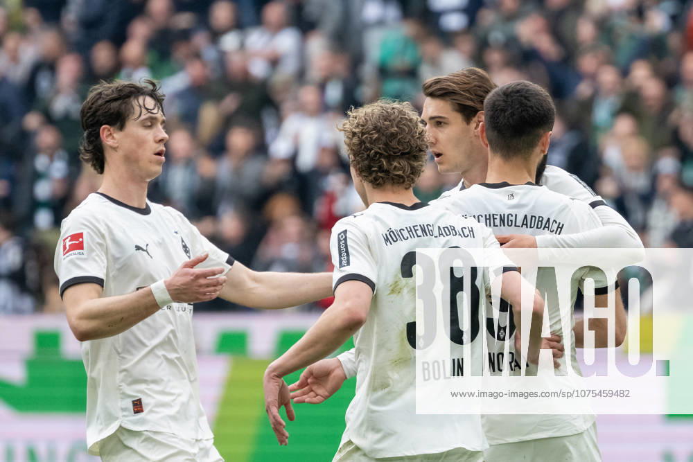 Philipp Sander Borussia Moenchengladbach, 16 , Hugo Bolin Borussia Moenchengladbach, 38 , Florian Neuhaus Borussia Moenchengladbach, 10 celebrate the goal for 2 2 by Franck Honorat Borussia Moenchengladbach, 09 Borussia Moenchengladbach vs 1 FC Heidemheim, Soccer, 1 Bundesliga, 28 Matchday, Season 2025 2026, 04 04 2026 DFL DFB Regulations prohibit any use of Photographs as image sequences and or Quasivideo Borussia Moenchengladbach vs 1 FC Heidenheim, Football, 1 Bundesliga, 28 Matchday, Season 2025 2026, 04 04 2026 Moenchengladbach