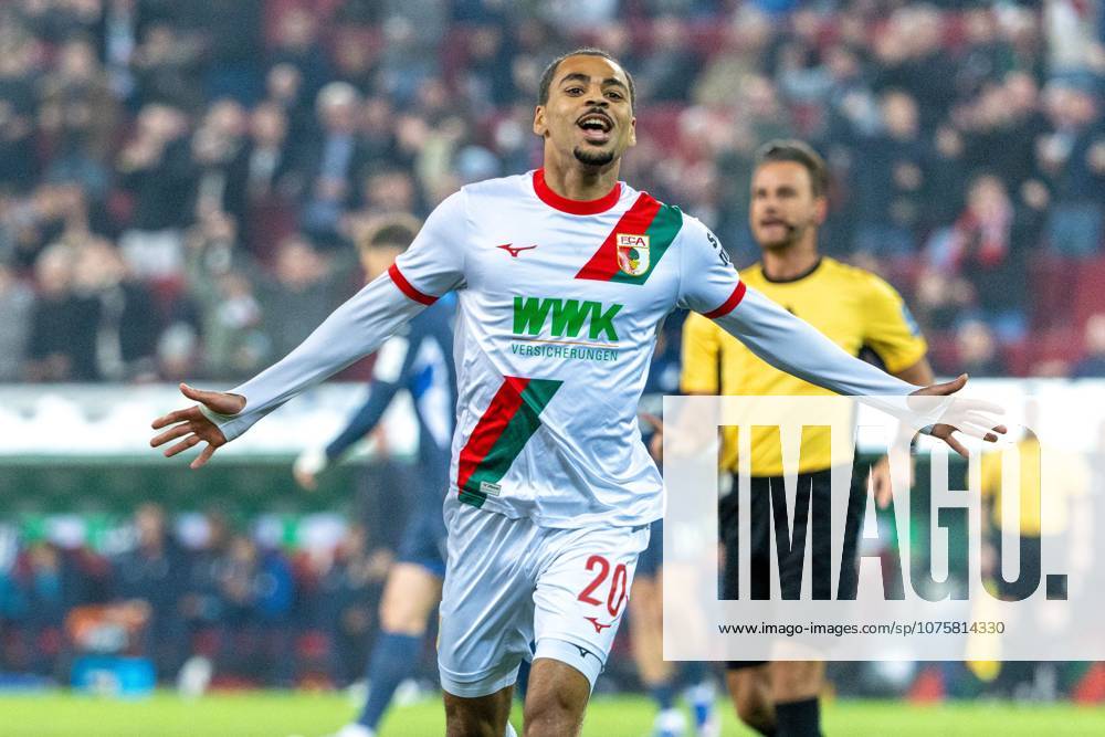 Goal celebration, cheers after his goal to 1 0 by Alexis Claude Maurice FC Augsburg , FC Augsburg vs VfB Stuttgart, Soccer, 1 Bundesliga, 27 Matchday, 22 03 2026 DFB regulations prohibit any use of photographs as image sequences and or quasi video