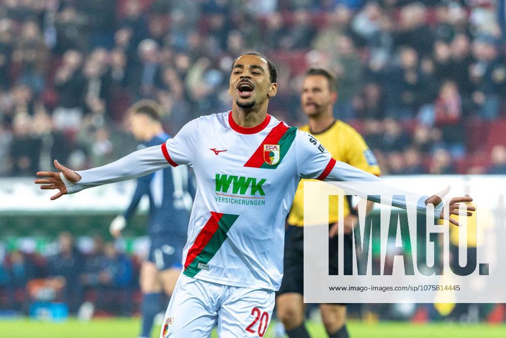 Goal celebration, cheers after his goal to 1 0 by Alexis Claude Maurice FC Augsburg , FC Augsburg vs VfB Stuttgart, Soccer, 1 Bundesliga, 27 Matchday, 22 03 2026 DFB regulations prohibit any use of photographs as image sequences and or quasi video