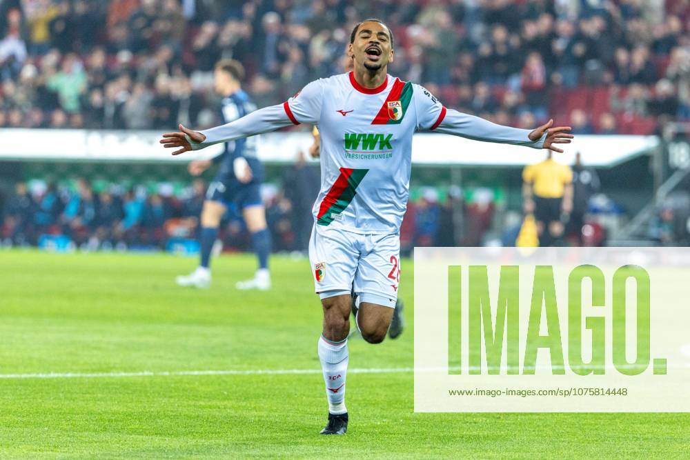 Goal celebration, cheers after his goal to 1 0 by Alexis Claude Maurice FC Augsburg , FC Augsburg vs VfB Stuttgart, Soccer, 1 Bundesliga, 27 Matchday, 22 03 2026 DFB regulations prohibit any use of photographs as image sequences and or quasi video