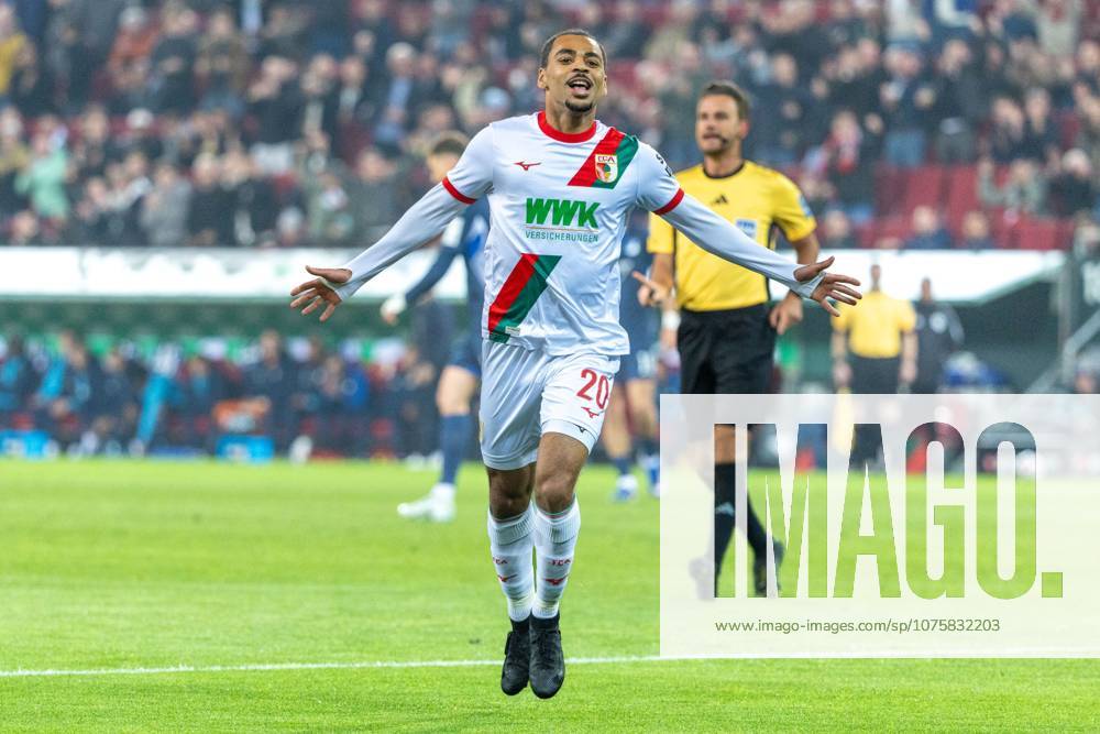 Goal celebration, cheers after his goal to 1 0 by Alexis Claude Maurice FC Augsburg , FC Augsburg vs VfB Stuttgart, Soccer, 1 Bundesliga, 27 Matchday, 22 03 2026 DFB regulations prohibit any use of photographs as image sequences and or quasi video