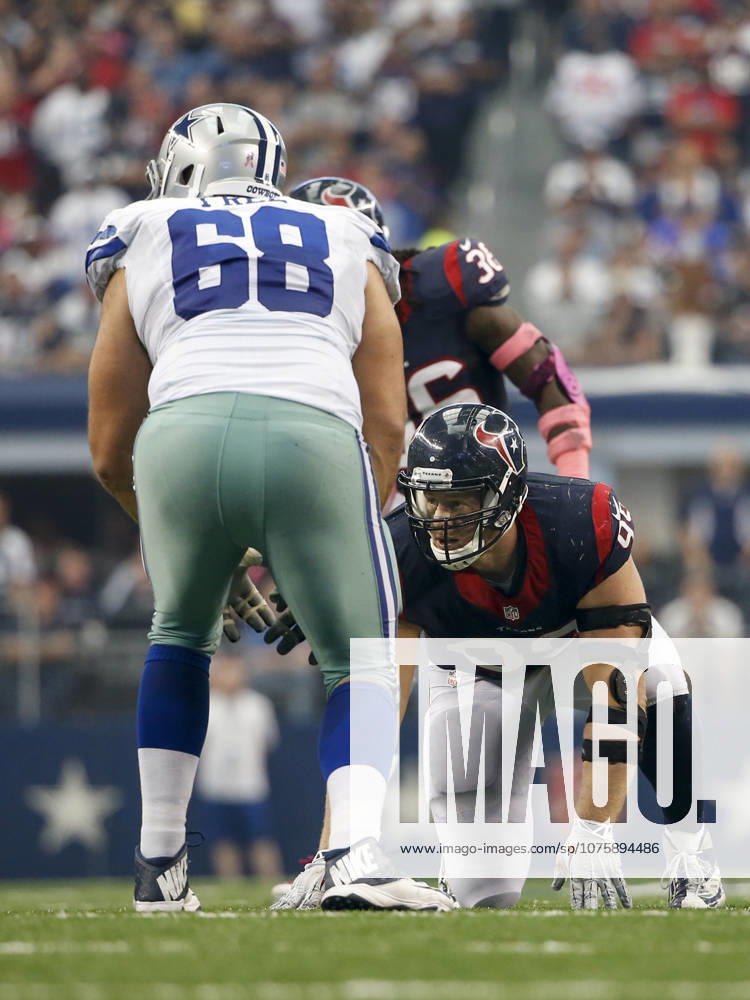 Houston Texans defensive end J.J. Watt (99) and Dallas Cowboys tackle Doug Free (68) during the NFL, American Football Herren, USA game between the Houston Texans and the Dallas Cowboys at AT&T Stadium in Arlington, TX. The Cowboys defeated the Texans 20-17 in overtime.
