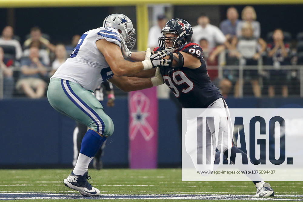 Houston Texans defensive end J.J. Watt (99) and Dallas Cowboys tackle Doug Free (68) during the NFL, American Football Herren, USA game between the Houston Texans and the Dallas Cowboys at AT&T Stadium in Arlington, TX. The Cowboys defeated the Texans 20-17 in overtime.