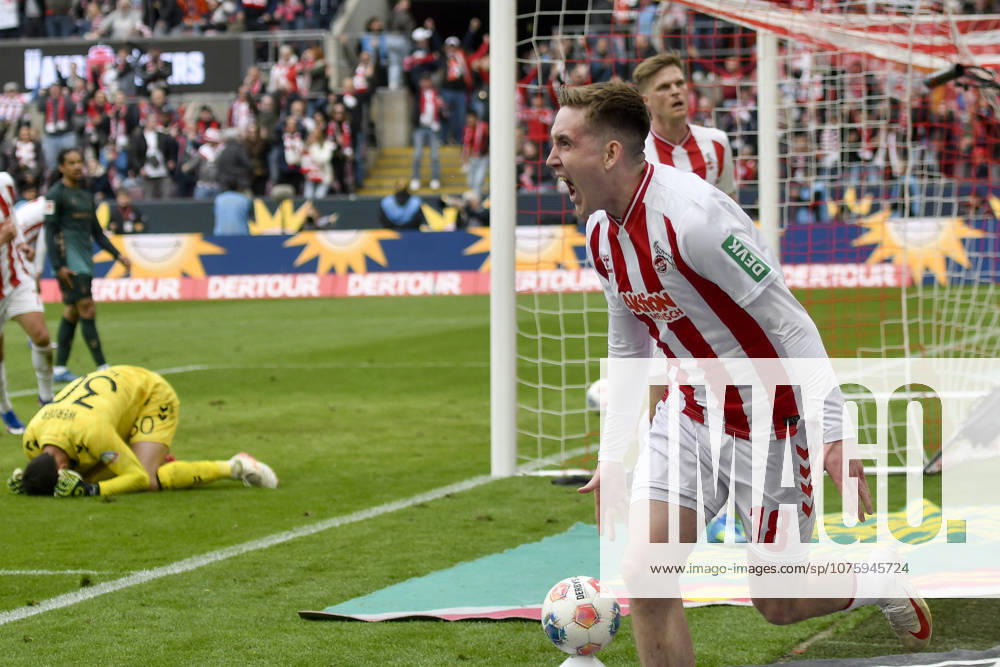 Isak Johannesson Koeln 18 cheers after scoring 3 1 12 04 2026 ¢ Football ¢ 1 FC Koeln vs SV Werder Bremen, Rheinenergiestadion, Koeln, DFB DFL REGULATIONS PROHIBIT ANY USE OF PHOTOGRAPHS AS IMAGE SEQUENCES AND OR QUASI VIDEO