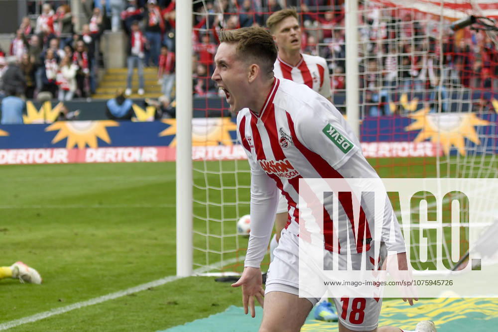 Isak Johannesson Koeln 18 cheers after scoring 3 1 12 04 2026 ¢ Football ¢ 1 FC Koeln vs SV Werder Bremen, Rheinenergiestadion, Koeln, DFB DFL REGULATIONS PROHIBIT ANY USE OF PHOTOGRAPHS AS IMAGE SEQUENCES AND OR QUASI VIDEO
