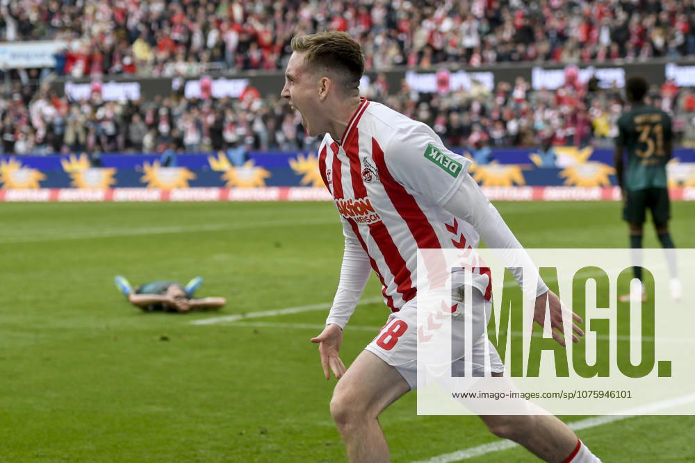 Isak Johannesson Koeln 18 celebrates after scoring the 3 1 goal with Luca Waldschmidt Koeln 7 12 04 2026 ¢ Football ¢ 1 FC Koeln vs SV Werder Bremen, Rheinenergiestadion, Koeln, DFB DFL REGULATIONS PROHIBIT ANY USE OF PHOTOGRAPHS AS IMAGE SEQUENCES AND OR QUASI VIDEO