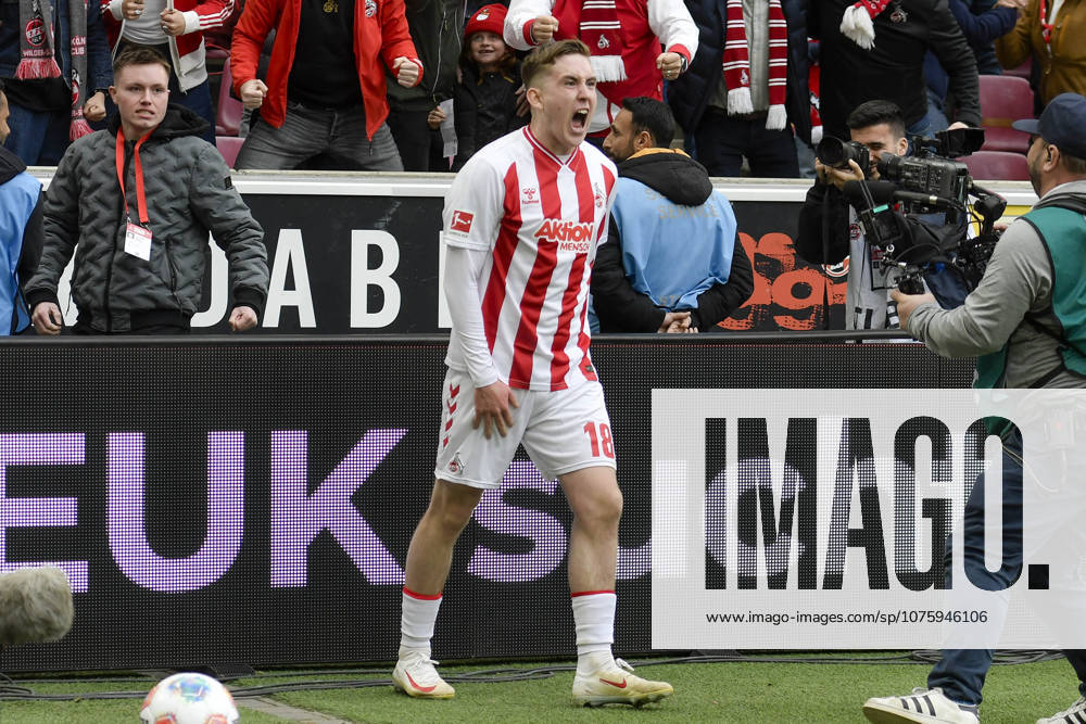 Isak Johannesson Koeln 18 cheers after scoring 3 1 12 04 2026 ¢ Football ¢ 1 FC Koeln vs SV Werder Bremen, Rheinenergiestadion, Koeln, DFB DFL REGULATIONS PROHIBIT ANY USE OF PHOTOGRAPHS AS IMAGE SEQUENCES AND OR QUASI VIDEO