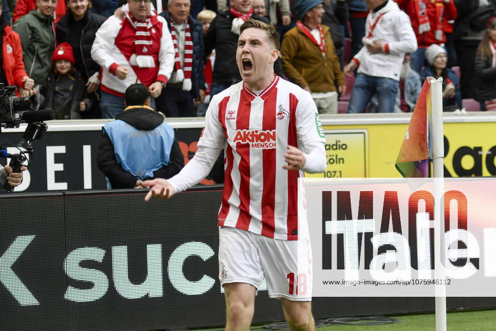 Isak Johannesson Koeln 18 cheers after scoring 3 1 12 04 2026 ¢ Football ¢ 1 FC Koeln vs SV Werder Bremen, Rheinenergiestadion, Koeln, DFB DFL REGULATIONS PROHIBIT ANY USE OF PHOTOGRAPHS AS IMAGE SEQUENCES AND OR QUASI VIDEO