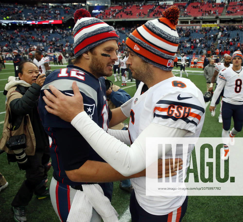Oct. 26, 2014 - Foxborough, MA, USA - New England Patriots quarterback Tom Brady (12) and Chicago Bears quarterback Jay Cutler (6) talk after the game Sunday, Oct. 26, 2014 at Gillette Stadium in Foxborough, Mass. The Patriots defeated the Bears 51-23.