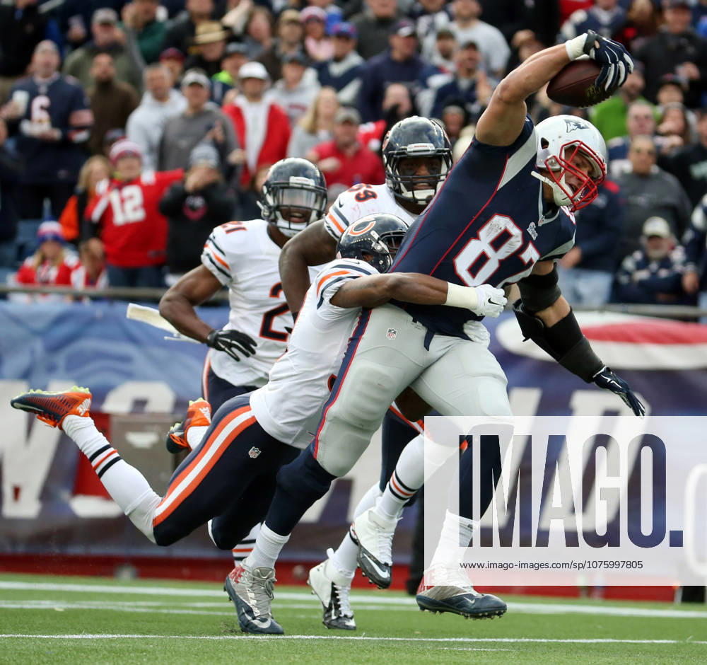 Oct. 26, 2014 - Foxborough, MA, USA - New England Patriots tight end Rob Gronkowski (87) runs through a tackle attempt by Chicago Bears defensive back Al Louis-Jean (39) for a touchdown in the third quarter Sunday, Oct. 26, 2014 at Gillette Stadium in Foxborough, Mass. The Patriots defeated the Bears 51-23.