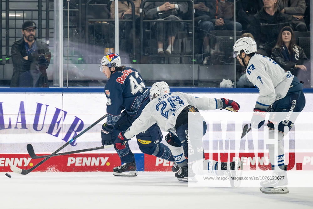 Fight for the puck duel between Phillip Sinn EHC Red Bull Muenchen, 43 and Alexander Ehl Adler Mannheim, 28 GER, EHC Red Bull Muenchen vs Adler Mannheim, ice hockey, DEL, playoffs, semi-final game 4, season 2025 2026, 14 04 2026 GER, EHC Red Bull Muenchen vs Adler Mannheim, ice hockey, DEL, playoffs, semi-final game 4, season 2025 2026, 14 04 2026 Muenchen