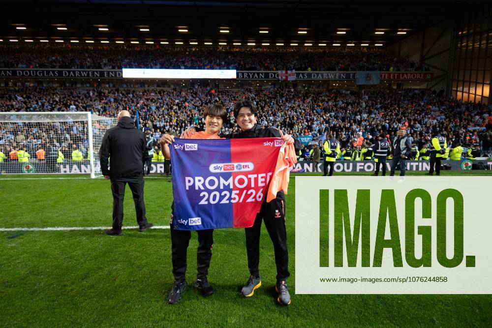 Tatsuhiro Sakamoto of Coventry City and Yang Min-Hyeok of Coventry City celebrate promotion after the full time whistle Blackburn Rovers v Coventry City, Sky Bet Championship, Football, Ewood Park, Blackburn, UK - 17 Apr 2026Blackburn Ewood Park United Kingdom