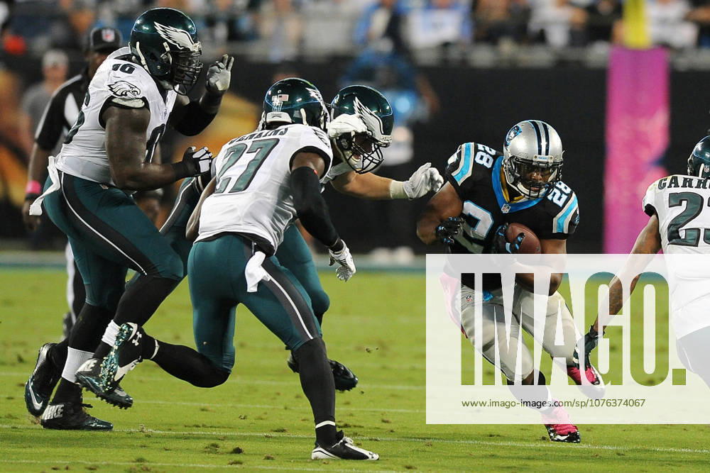 Oct. 25, 2015 - Charlotte, NC, USA - Carolina Panthers running back Jonathan Stewart looks for a hole in the Philadelphia Eagles defense to run during first quarter action on Sunday, Oct. 25, 2015, at Bank of America Stadium in Charlotte, N.C.