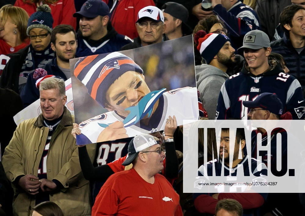 Oct. 29, 2015 - Foxborough, Ma., U.S. - A New England Patriot fan holds up a poster of Tom Brady chewing on a dolphin at Gillette Stadium in Foxborough, Massachusetts during their game against the Miami Dolphins. Patriots won 36-7.