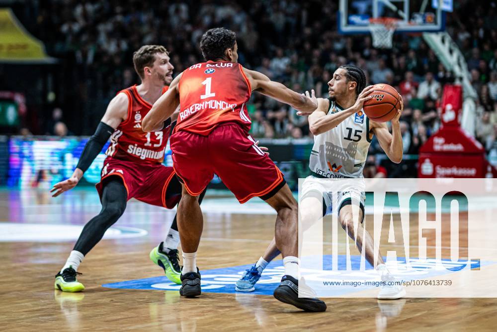Jordan Roland Gladiators Trier in a duel with Andreas Obst FC Bayern Muenchen Basketball and Osacar das silva FC Bayern Muenchen Basketball , Vet Concept Gladiators Trier vs FC Bayern Muenchen Basketball , Basketball, easyCredit BBL, Matchday 30, Season 2025 2026, 20 04 2026 Vet Concept Gladiators Trier vs FC Bayern Muenchen Basketball , Basketball, easyCredit BBL, Matchday 30, Season 2025 2026