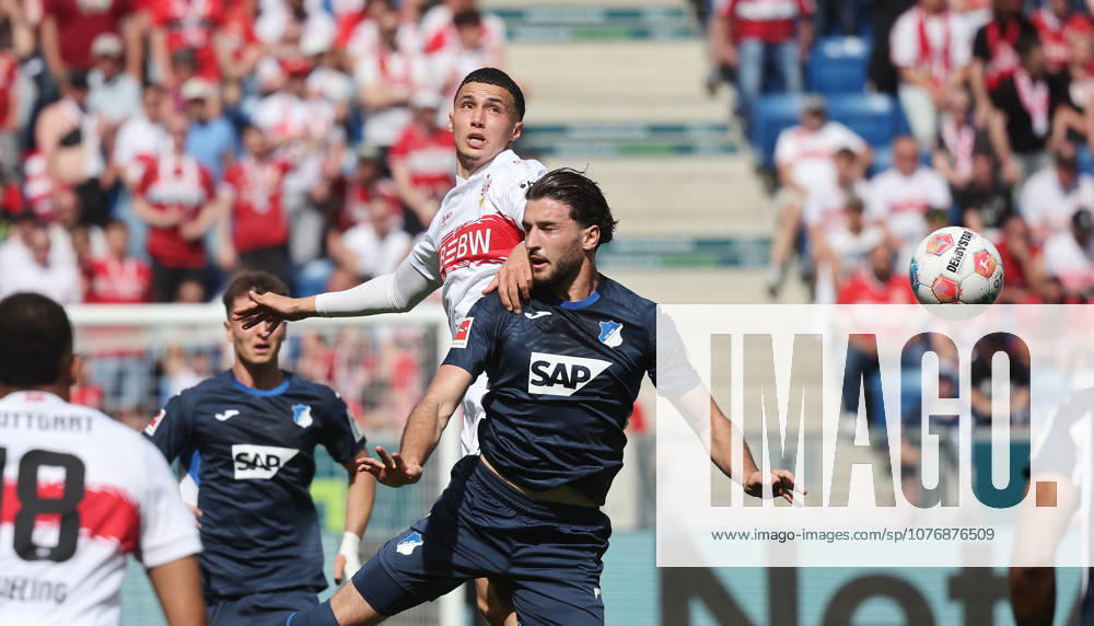 Sinsheim , Bundesliga TSG 1899 Hoffenheim vs VfB Stuttgart , from left Bilal El Khannouss VfB Fisnik Asllani Hoff